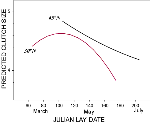 The mean and range of laying dates of the first clutches in