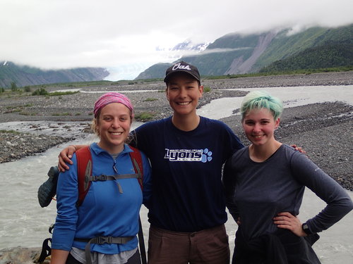Emmy Wrobleski, Annie Wong, and Abby Boak on a hike along the Skilak River, toward Skilak glacier